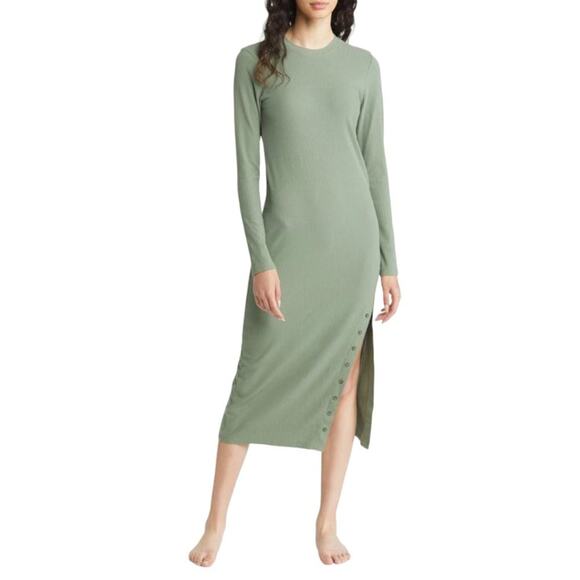 Open Edit Long Sleeve Rib Organic Cotton Blend Lounge Dress Green Size Large NWT - Picture 1 of 10